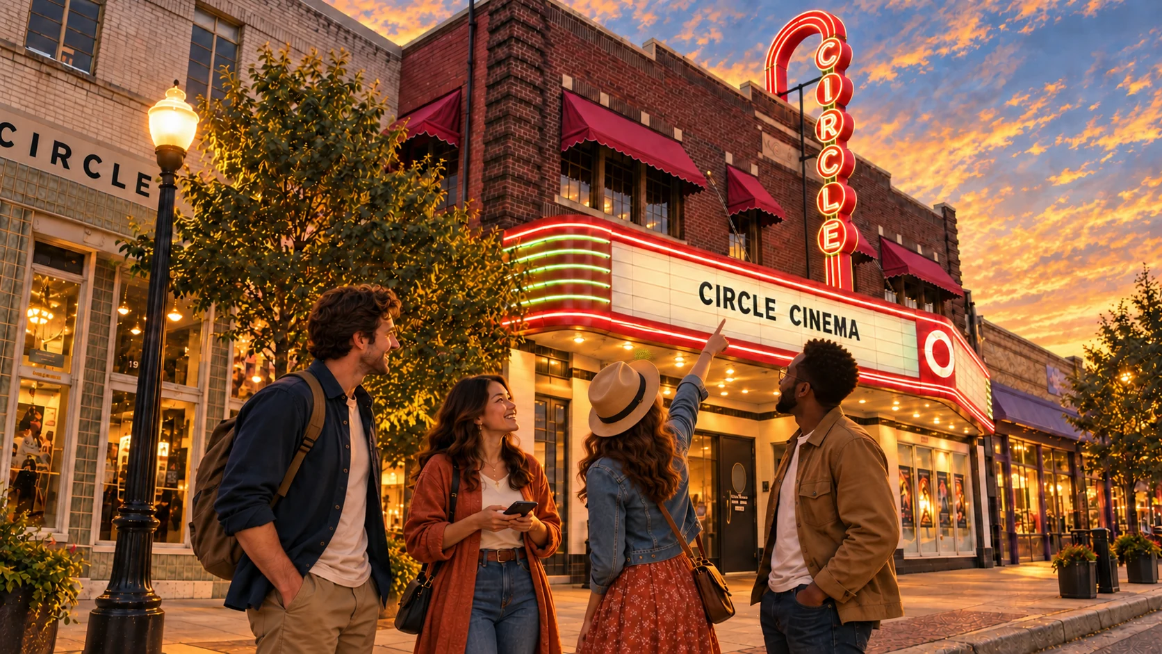 An illustrative scene of friends exploring together outside Circle Cinema and its adjoining storefronts in Tulsa.